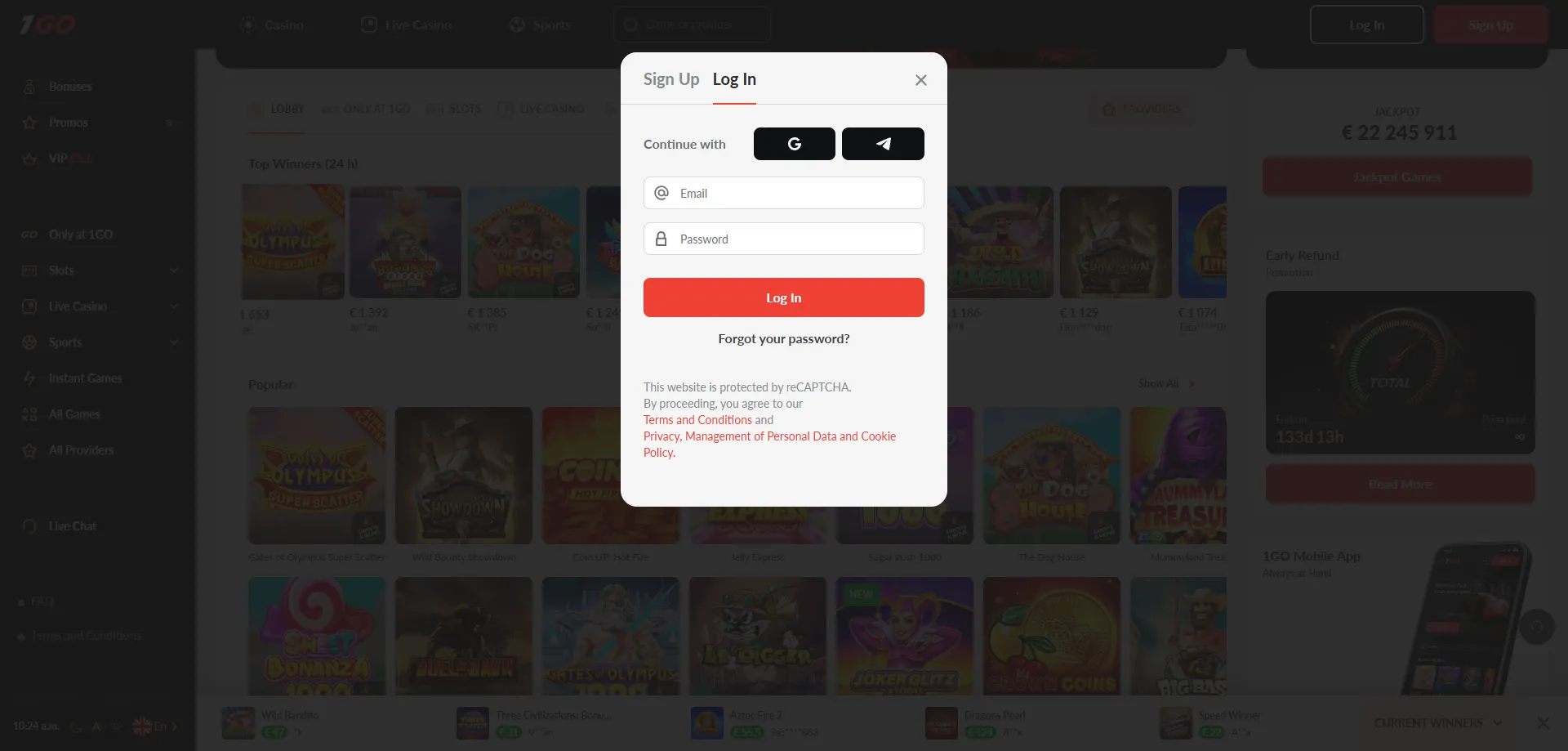 1GO Casino login page — secure account access for players