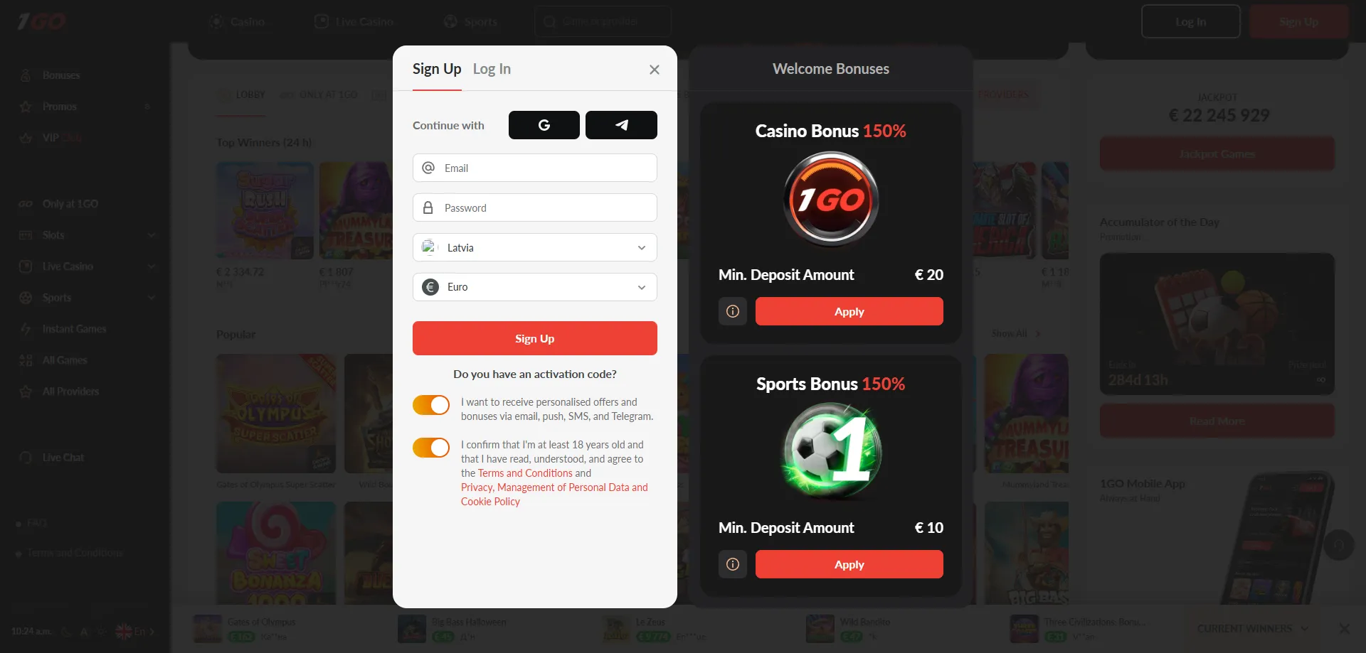 1GO Casino registration page — create your account in minutes