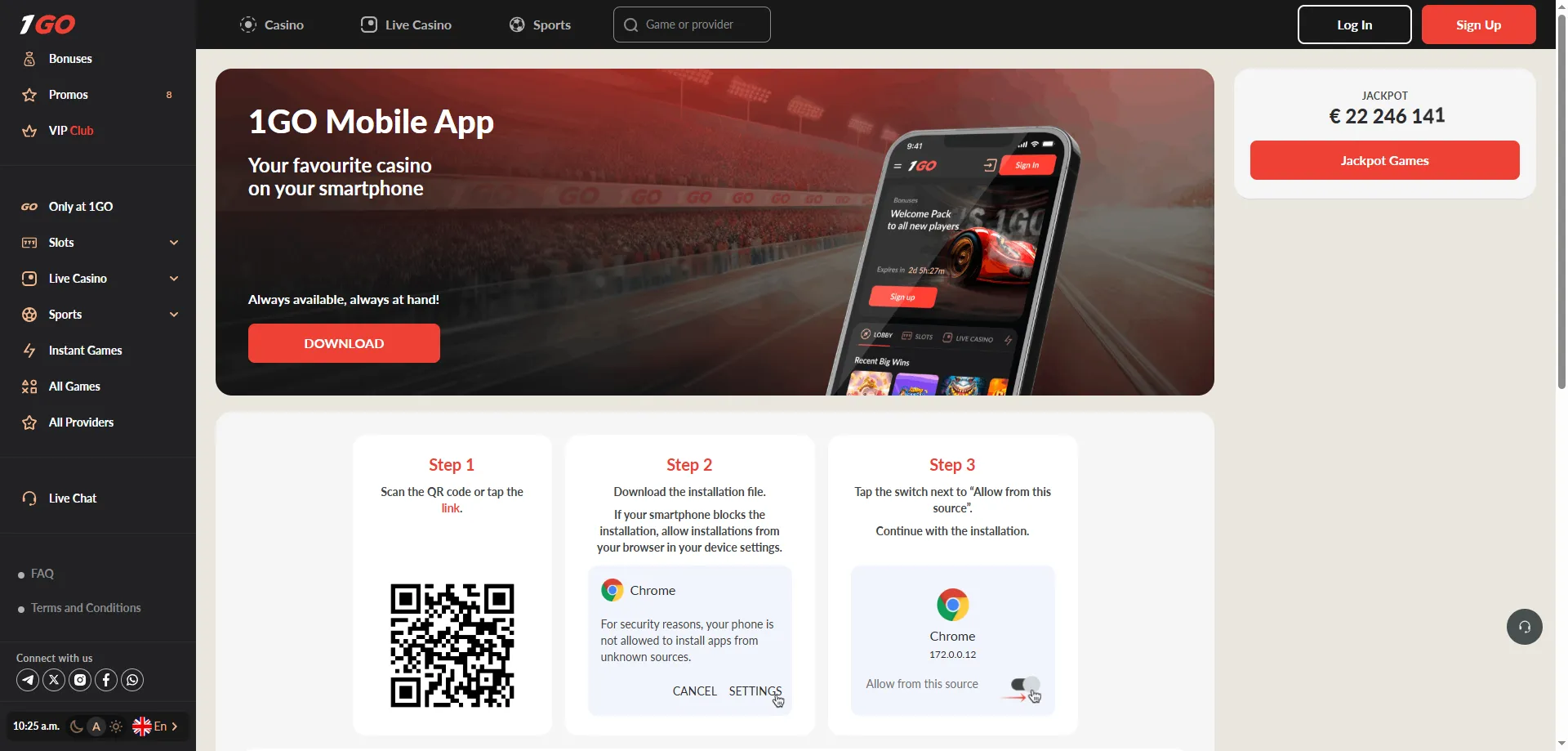 1GO Casino mobile app — Android and iOS casino gaming on the go