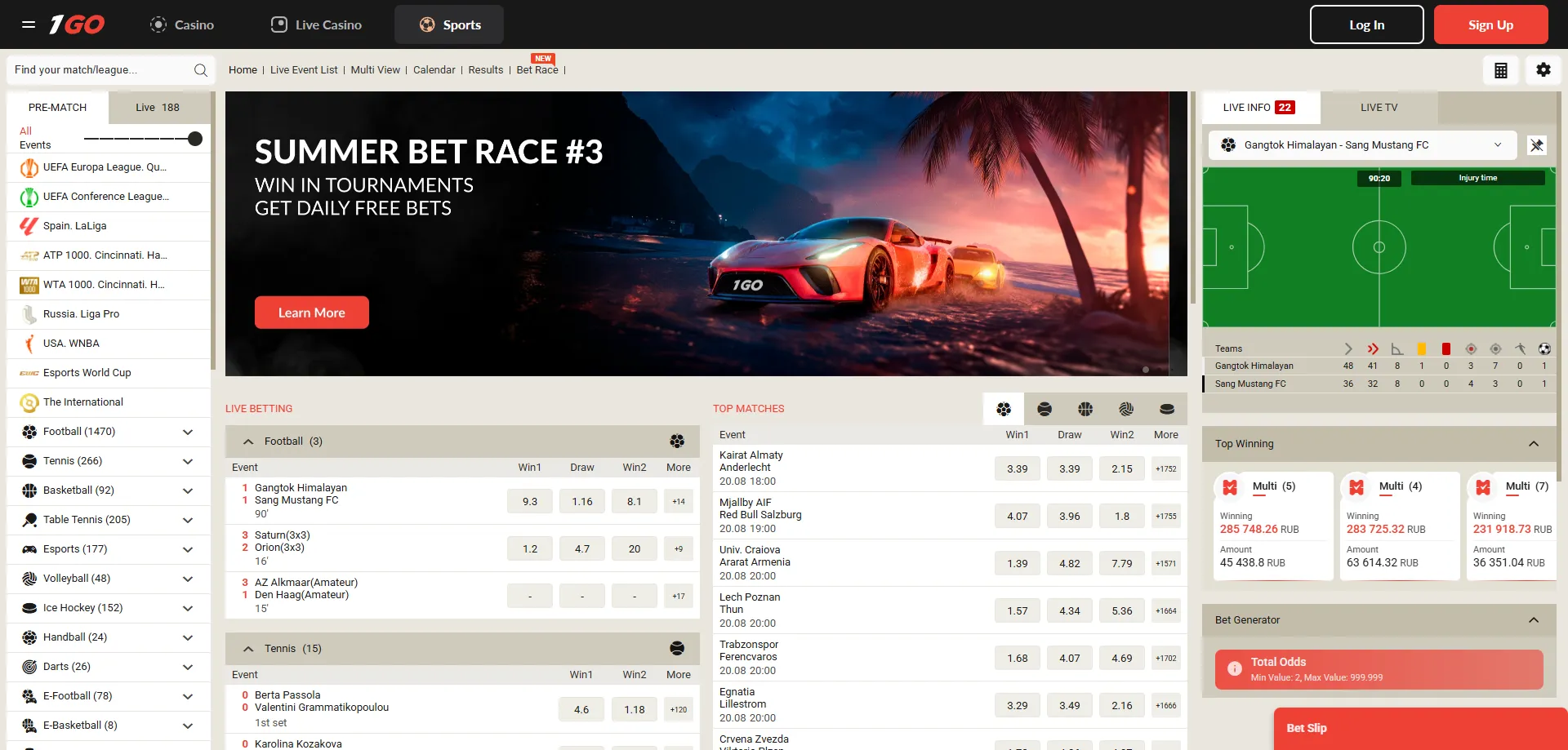 1GO Casino sports betting — pre-match and live in-play wagering
