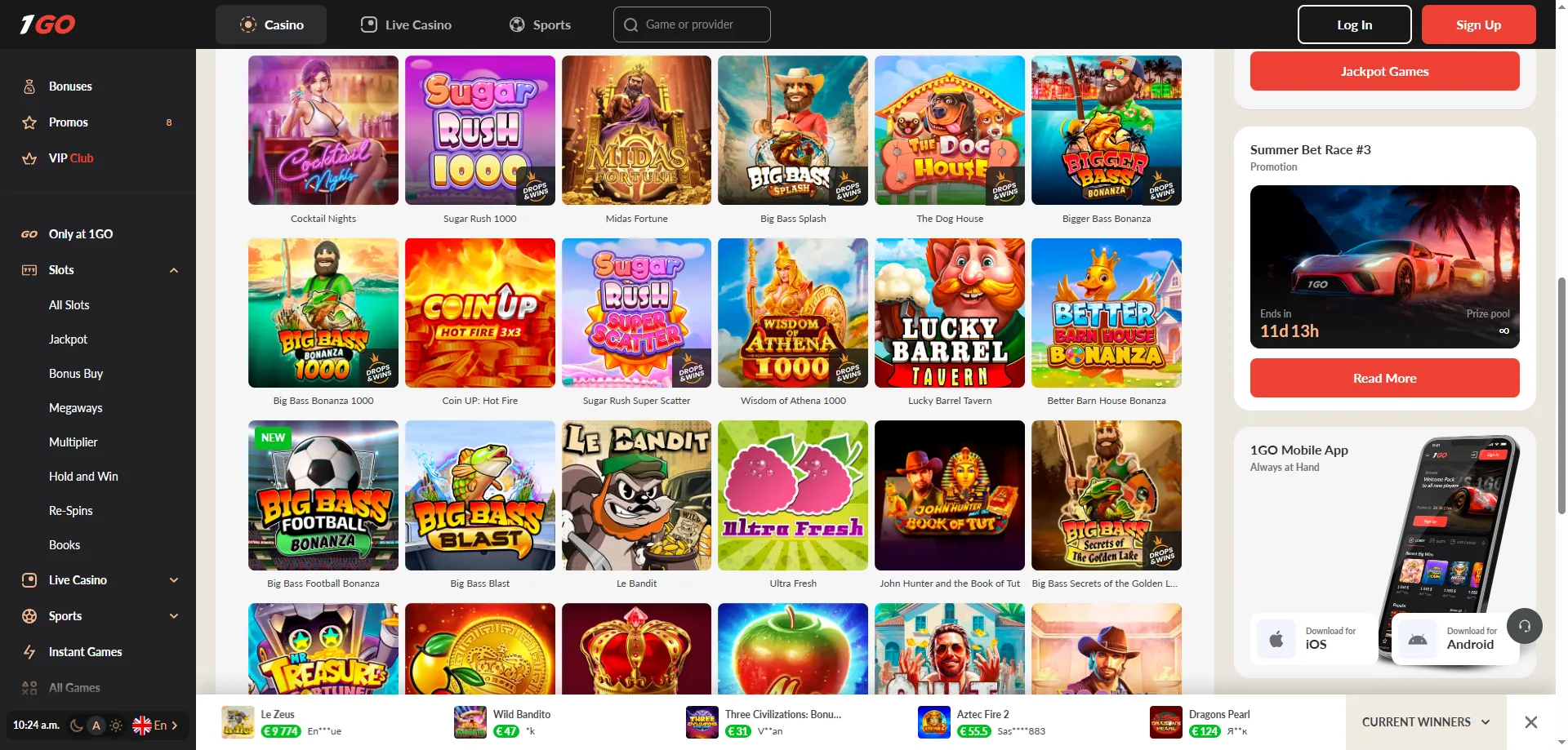 1GO Casino slot games available on mobile — full library access